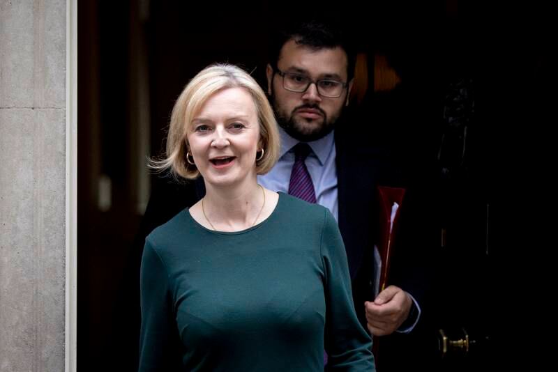 Britain's Prime Minister Liz Truss leaves 10 Downing Street to appear at Prime Minister's Questions in parliament on Wednesday. EPA