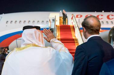 Sheikh Mohamed bin Zayed waves goodbye to Russian President Vladimir Putin in Abu Dhabi. 