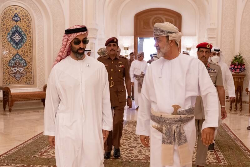 Sheikh Tahnoon bin Zayed, UAE National Security Adviser, left, is received by Sultan Haitham bin Tariq of Oman in Sohar, on March 24, 2022. Photo: Ministry of Presidential Affairs