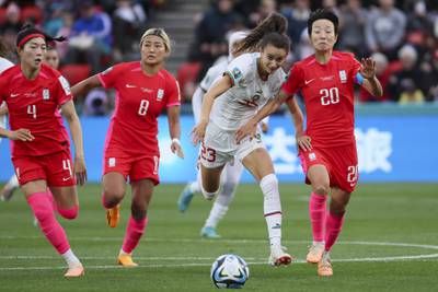 Morocco's Rosella Ayane, second right, competes for the ball with South Korea's Shim Seo-yeon , left, Cho So-hyun, and Kim Hye-ri, right. AP 