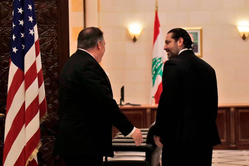 Mr Pompeo meets with Mr Hariri in Beirut. AFP