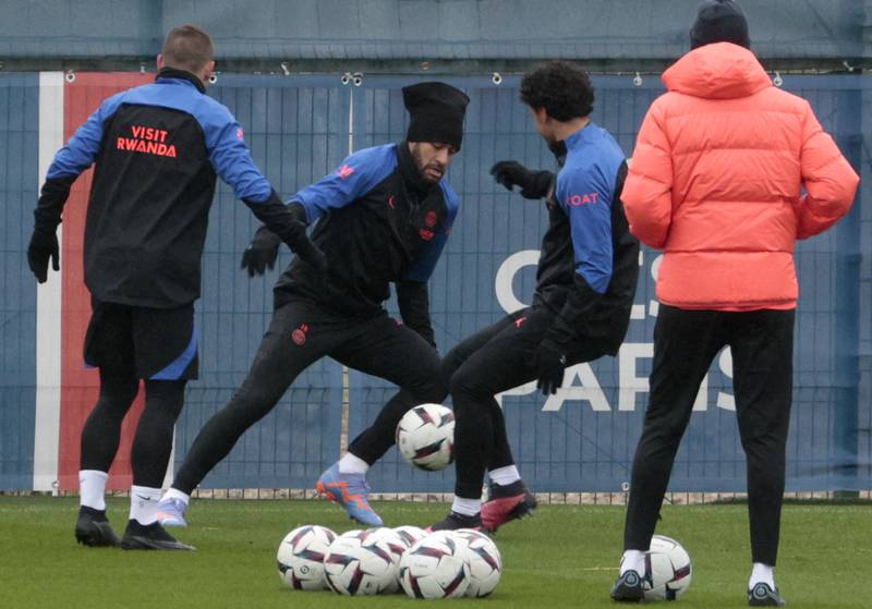 Marco Verratti, Neymar and Marquinhos attend a training session at PSG's training centre. AFP