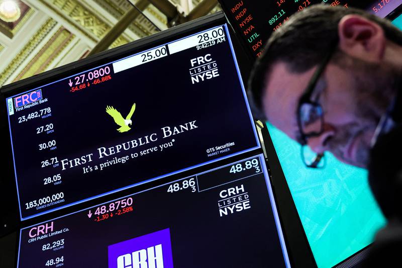 A dealer works at the post where First Republic Bank is traded on the floor of the New York Stock Exchange in New York City, on March 13. Reuters