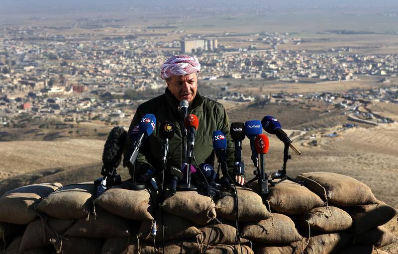 Iraqi Kurdish leader Massud Barzani announces the liberation of Sinjar from ISIS during a press conference held on the outskirts of the Iraqi town on November 13, 2015. AFP