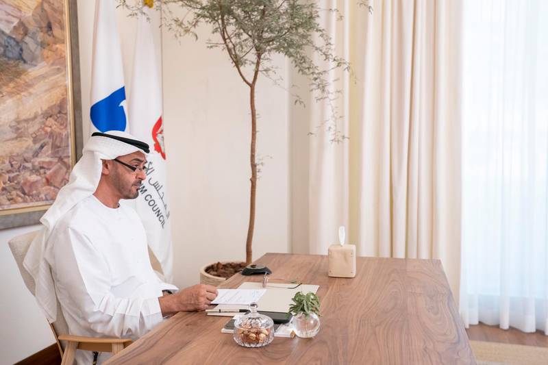 Sheikh Mohamed bin Zayed, Crown Prince of Abu Dhabi and Deputy Supreme Commander of the Armed Forces, presides over a Supreme Petroleum Council meeting on Sunday. Courtesy: Sheikh Mohamed bin Zayed Twitter