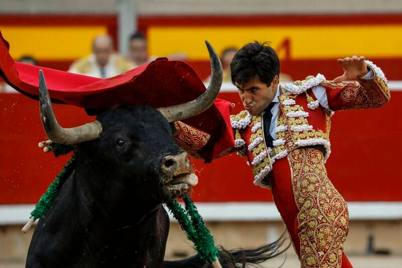Bullfighter Alvaro Lorenzo performs with Fuente Ymbro's fighting bulls in the bullring during the third day of the San Fermin festival. The iconic Spanish festival has resumed in earnest this year after being twice cancelled due to Covid-19. Getty Images