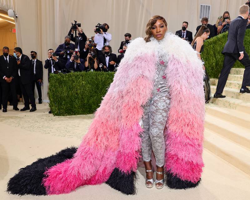Serena Williams, in a silver one-piece and feathered cape by Gucci, attends the 2021 Met Gala at the Metropolitan Museum of Art in New York City on September 13, 2021. AFP