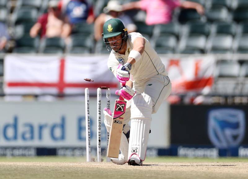 South Africa batsman Faf du Plessis is bowled by Ben Stokes. Getty
