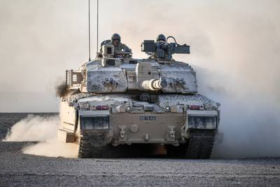 A Challenger 2 main battle tank on manoeuvres in the Omani desert in October 2018. PA