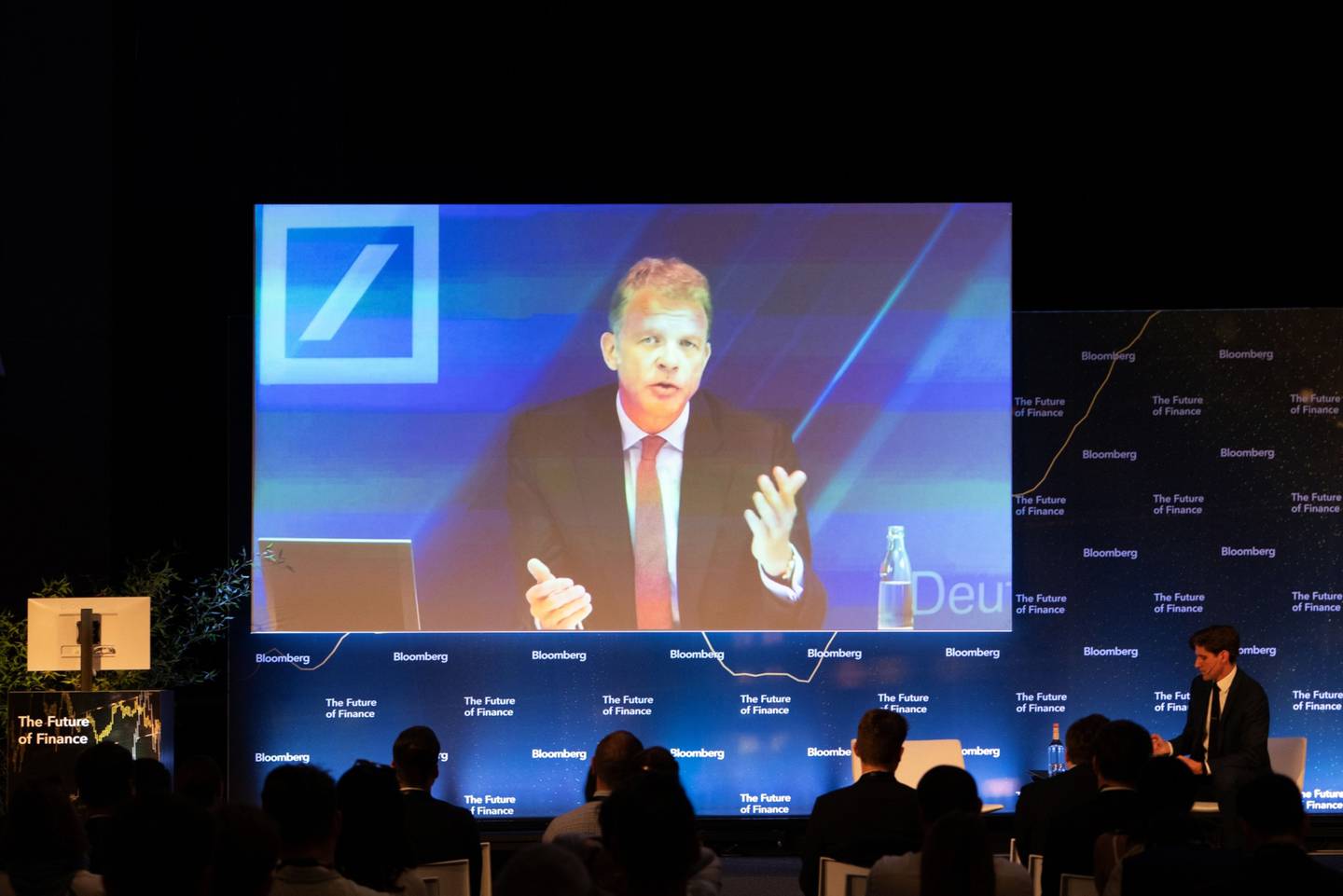 Christian Sewing, chief executive of Deutsche Bank, appears via video link during the Future of Finance conference in Frankfurt, Germany, on June 22, 2022. Bloomberg