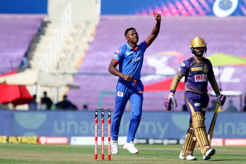 Kagiso Rabada of Delhi Capitals celebrates the wicket of Dinesh Karthik of Kolkata Knight Riders during match 42 of season 13 of the Dream 11 Indian Premier League (IPL) between the Kolkata Knight Riders and the Delhi Capitals at the Sheikh Zayed Stadium, Abu Dhabi  in the United Arab Emirates on the 24th October 2020.  Photo by: Vipin Pawar  / Sportzpics for BCCI