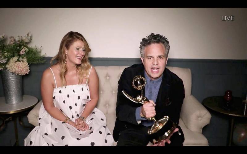Mark Ruffalo (R) accepting the Emmy for Outstanding Lead Actor in a Limited Series or Movie for 'I Know this Much is True' during the 72nd annual Primetime Emmy Awards. EPA