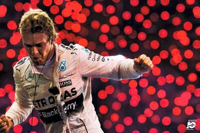 Nico Rosberg clenches his fists and punches the air after winning in 2015. Heath says Yas Marina Circuit’s fantastic firework display provided a suitably stunning backdrop.