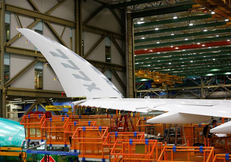 The signature folding wingtip of a 777X aircraft is seen.