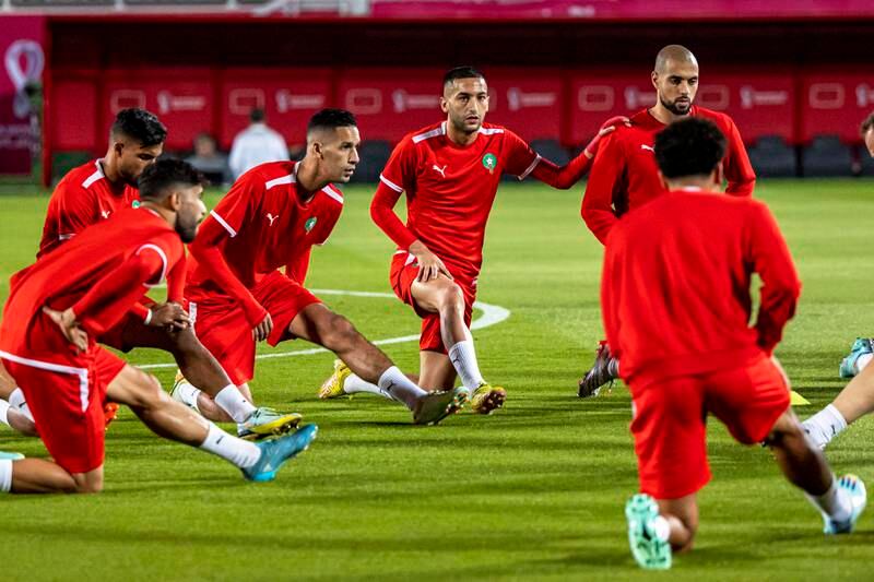 Morocco's Hakim Ziyech, centre, and teammates at training in Doha on the eve of their World Cup semi-final against France. EPA