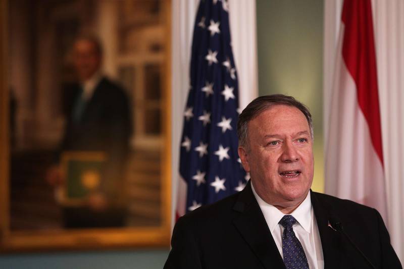 WASHINGTON, DC - AUGUST 15: U.S. Secretary of State Mike Pompeo makes remarks to members after a meeting with Lebanese Prime Minister Saad Hariri at the State Department August 15, 2019 in Washington, DC. Prime Minister Hariri had a meeting with Secretary Pompeo prior to the remarks and it is his third visit to Washington as Lebanons Prime Minister.   Alex Wong/Getty Images/AFP
== FOR NEWSPAPERS, INTERNET, TELCOS & TELEVISION USE ONLY ==
