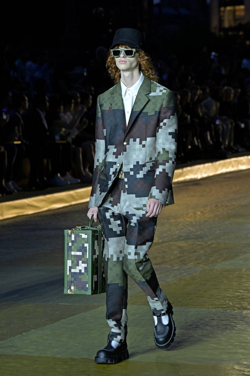 A 'damouflage' look by Pharrell Williams for the Louis Vuitton menswear spring/summer 2024 collection. Getty Images