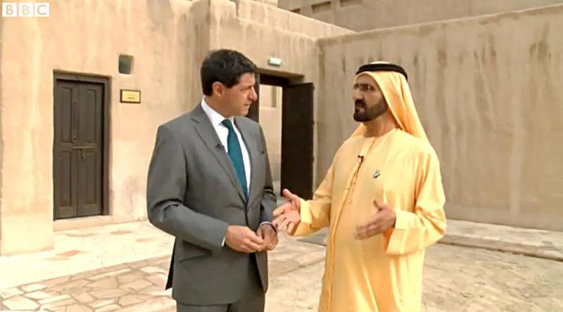Sheikh Mohammed speaks to Jon Sopel of the BBC at Sheikh Saeed Al Maktoum House, the historic Al Maktoum family home in Dubai.  BBC News / Getty Images