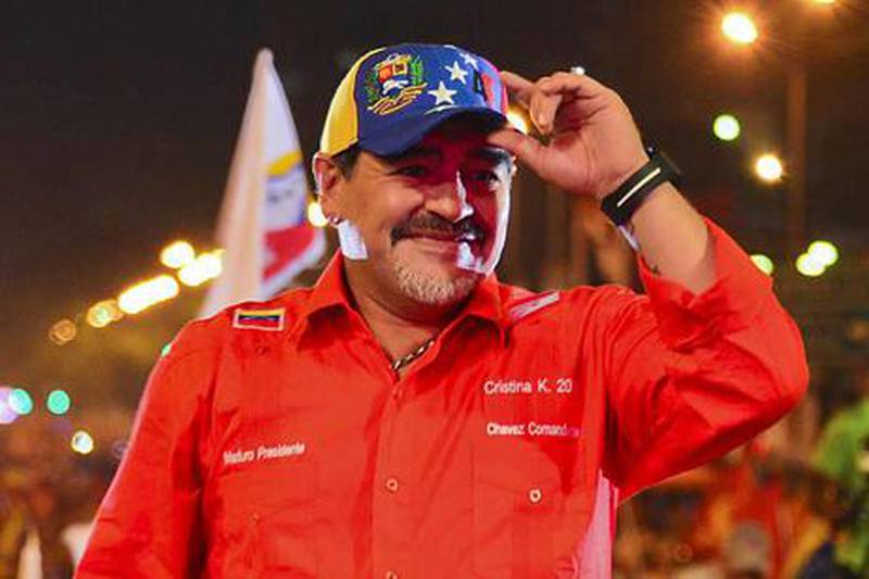 Diego Maradona at an electoral rally in Venezuela earlier this week.  The Dubai sports ambassador says his time in the UAE has made him calmer.