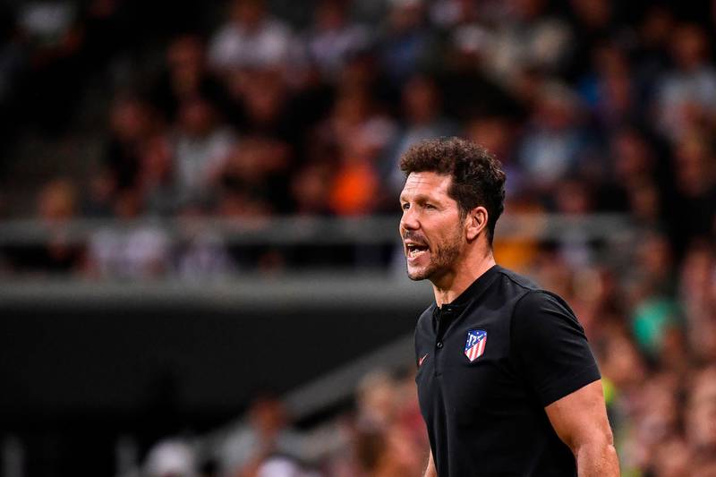 Atletico Madrid's head coach Diego Simeone reacts during the International Champions Cup football match between Atletico Madrid v Juventus on August 10, 2019 in Solna outside Stockholm, Sweden.  / AFP / Jonathan NACKSTRAND
