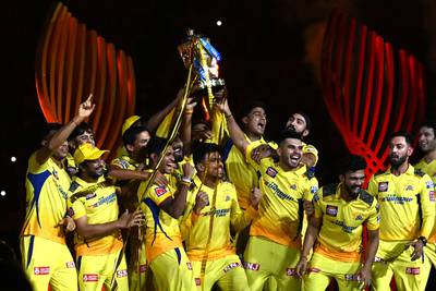 The Super Kings celebrate at the Narendra Modi Stadium in Ahmedabad. AFP