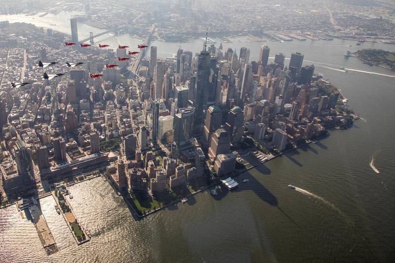 The Red Arrows over lower Manhattan.  Reuters