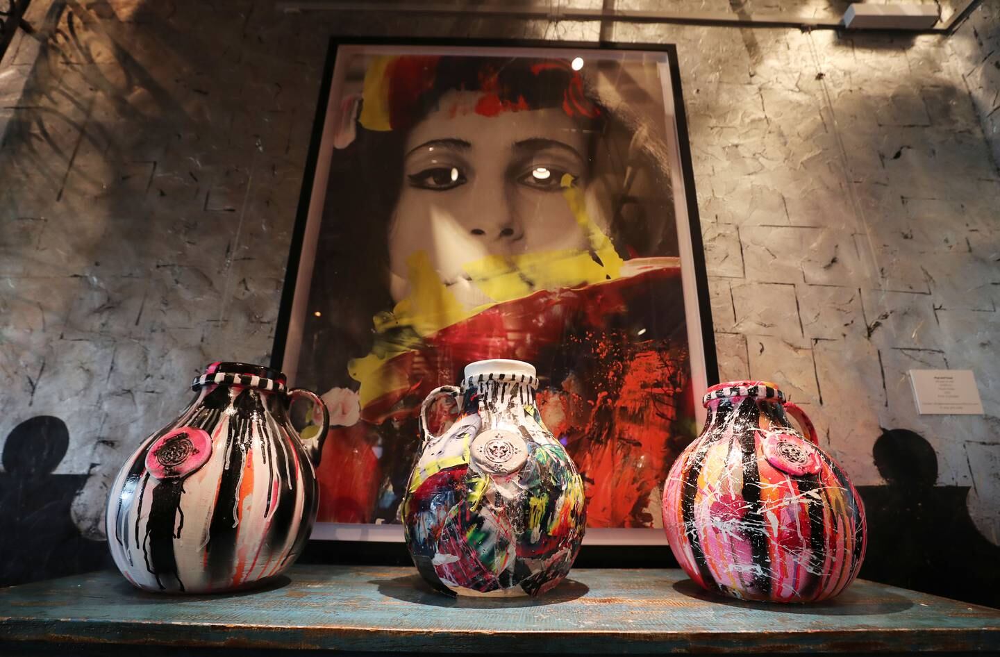 The Pisco jars at Coya Dubai, painted by regional artists such as Farida Abushady and Moza Almansoori. Chris Whiteoak / The National