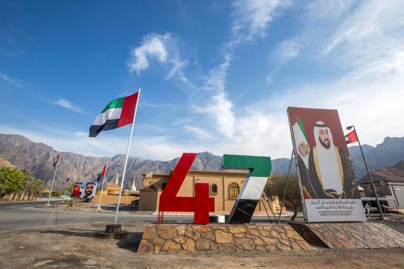 RAS ALKHAIMAH, UNITED ARAB EMIRATES - UAE flags in some road in Ras Alkhaimah.  Leslie Pableo for The National for Ruba Haza���s story