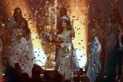 Miss India Harnaaz Sandhu walks on the stage among celebrations after being crowned Miss Universe 2021. EPA