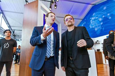 Facebook founder Mark Zuckerberg, left, and U2 lead singer and ONE Campaign cofounder Bono during a campaign tour for the Global Connectivity Declaration, which aspires to deliver internet access to everybody on Earth by the year 2020. CNP / Sipa USA