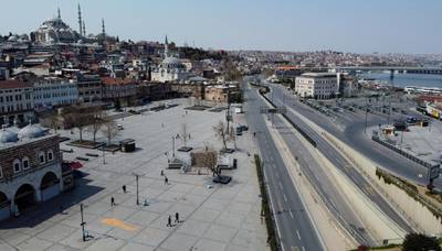 An aerial view of Eminonu district during a two-day curfew imposed to prevent the spread of the coronavirus in Istanbul, Turkey, on April 11, 2020. Reuters