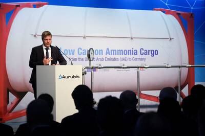 German Economy Minister Robert Habeck oversaw a symbolic first ammonia delivery from the UAE in Hamburg last month. Reuters