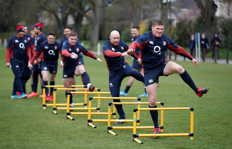 England rugby players training in Oxford on Thursday, February 27. Reuters
