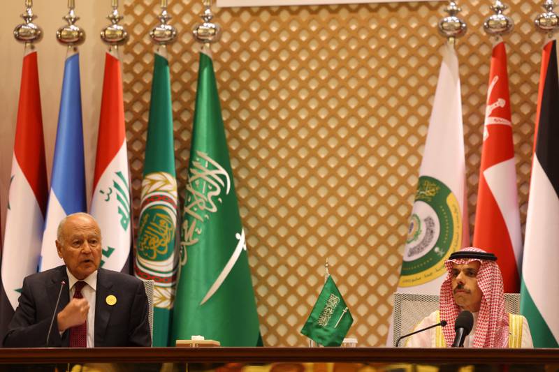 Arab League Secretary General Ahmed Aboul Gheit and Saudi Foreign Minister Faisal bin Farhan attend a news conference at the end of the Arab League Summit in Jeddah on Friday. AFP