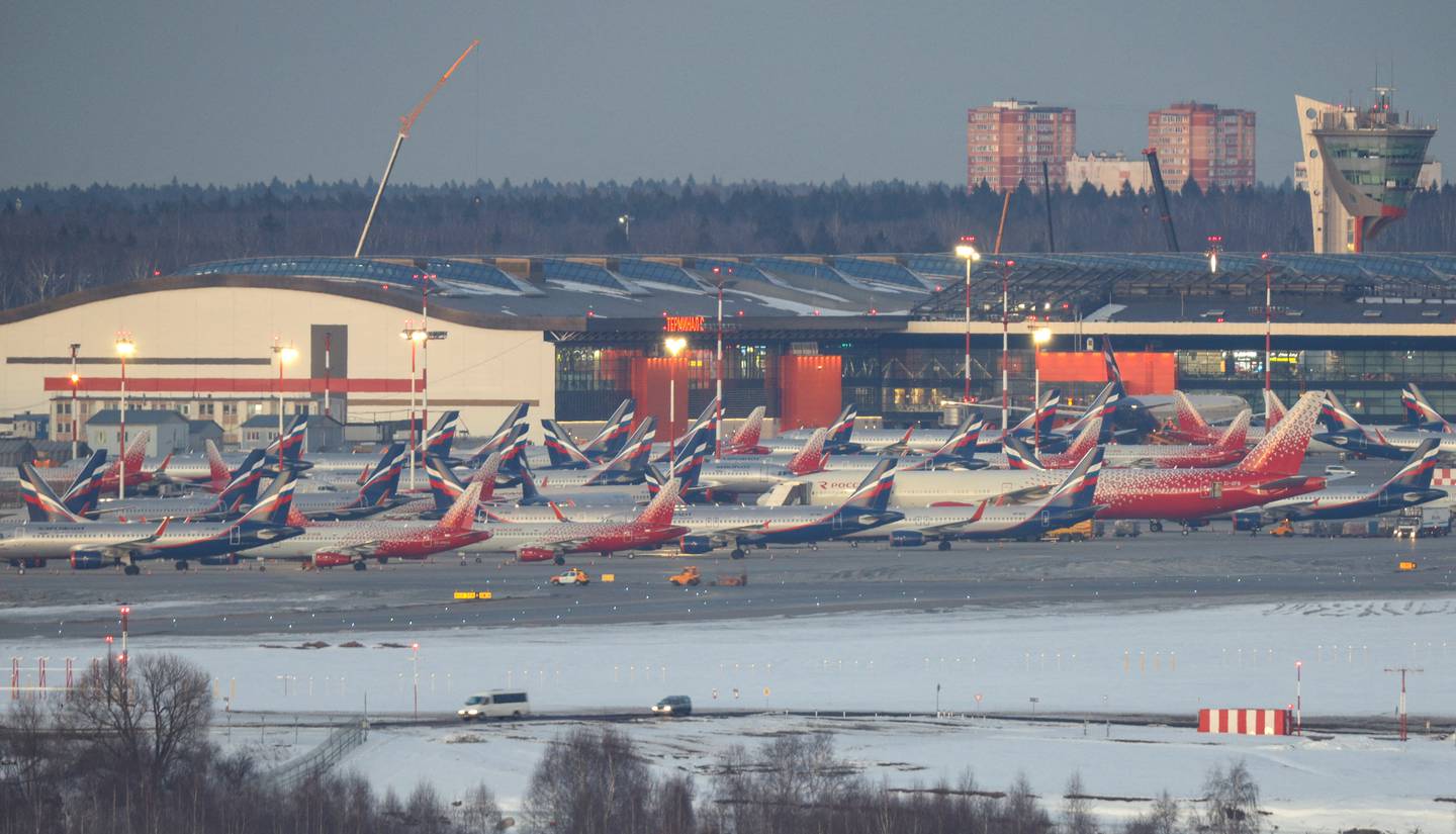 Passenger planes owned by Russia's airlines, including Aeroflot and Rossiya, are parked at Sheremetyevo International Airport in Moscow. Reuters
