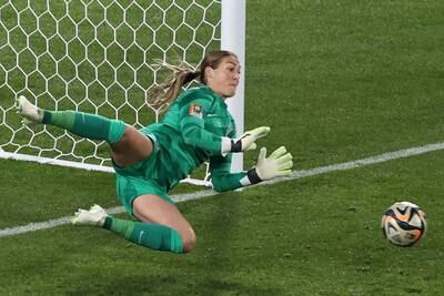 Mary Earps of England saves a penalty taken by Jennifer Hermoso of Spain. Getty