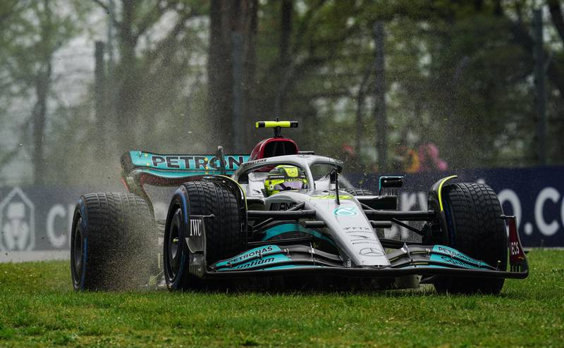 Merecedes' Lewis Hamilton on the grass during practice at Imola. PA