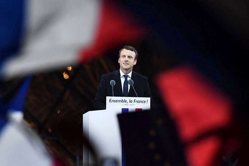 Emmanuel Macron addresses supporters after winning the French Presidential Election in 2017, at The Louvre in Paris. Getty Images