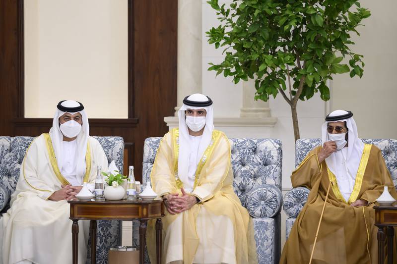 Sheikh Tahnoon bin Mohamed Al Nahyan, Ruler's Representative in Al Ain Region, Sheikh Hamdan bin Mohamed, Crown Prince of Dubai, and Sheikh Hamdan bin Zayed, Ruler’s Representative in Al Dhafra Region, attend an Eid Al Adha reception at Mushrif Palace.

