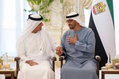 President Sheikh Mohamed receives Sheikh Saud bin Saqr Al Qasimi, Ruler of Ras Al Khaimah, during a Sea Palace barza