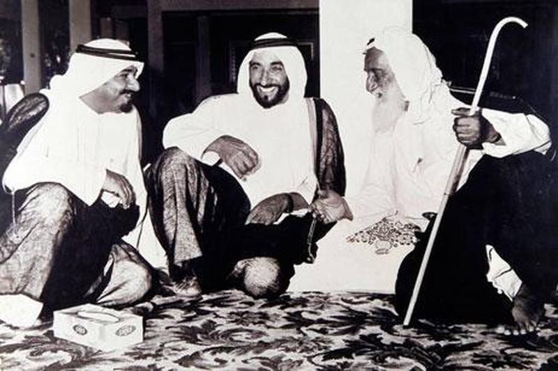 Sheikh Rashid played a key conciliatory rule during negotiations to form the United Arab Emirates after the British announced their plans for withdrawal in 1971. Here Sheikh Rashid, right, relaxes with Sheikh Zayed bin Sultan, center, and his son, the current Ajman Ruler Sheikh Humaid bin Rashid. 

Photo courtesy Media Prima/Ajman Museum
