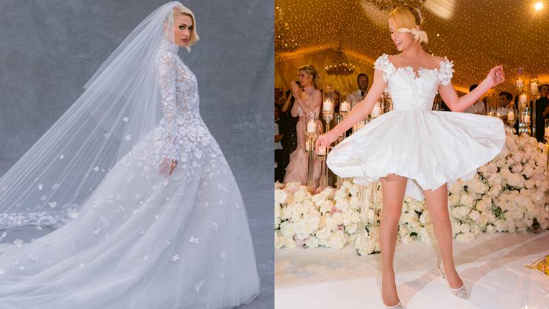 Paris Hilton wore custom designs by Oscar de la Renta for her wedding to Carter Reum. Photo: Jose Villa / Shutterstock