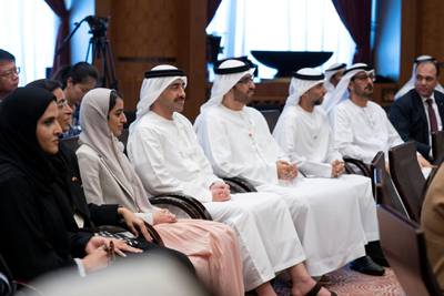 BEIJING, CHINA - July 23, 2019: (2nd L - R) HE Noura Mohamed Al Kaabi, UAE Minister of Culture and Knowledge Development, HH Sheikha Hassa bint Mohamed bin Hamad bin Tahnoon Al Nahyan, HH Sheikh Abdullah bin Zayed Al Nahyan, UAE Minister of Foreign Affairs and International Cooperation, HE Dr Sultan Ahmed Al Jaber, UAE Minister of State, Chairman of Masdar and CEO of ADNOC Group, HE Suhail bin Mohamed Faraj Faris Al Mazrouei, UAE Minister of Energy and HE Hussain Ibrahim Al Hammadi, UAE Minister of Education, attend the UAE-China youth symposium, at Tsinghua University. Seen with HE Shamma Suhail Al Mazrouei, UAE Minister of State for Youth Affairs (L) and Yang Bin, Vice President of Tsinghua University (3rd L).

( Hamed Al Mansoori for the Ministry of Presidential Affairs )
---