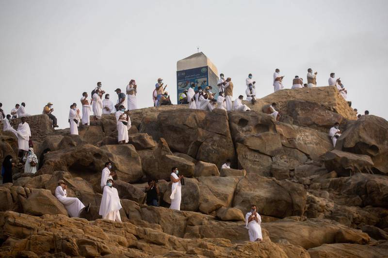 Pilgrims praying on Mount Arafat amid the Covid-19 pandemic. AFP