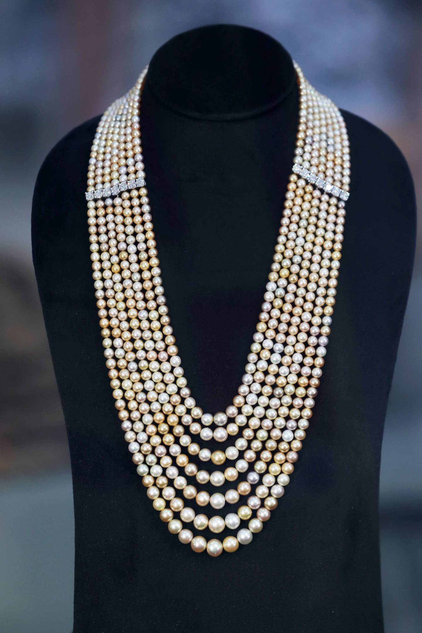 Pearl jewellery from Bahrain on display at the Bahrain pavilion at Expo 2020 in Dubai. Pearls from the country have always been highly regarded. Pawan Singh / The National