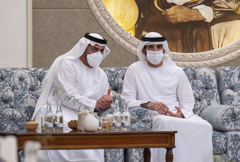 Sheikh Hamdan bin Zayed, Ruler’s Representative in Al Dhafra Region, receives condolences from the Crown Prince of Dubai.