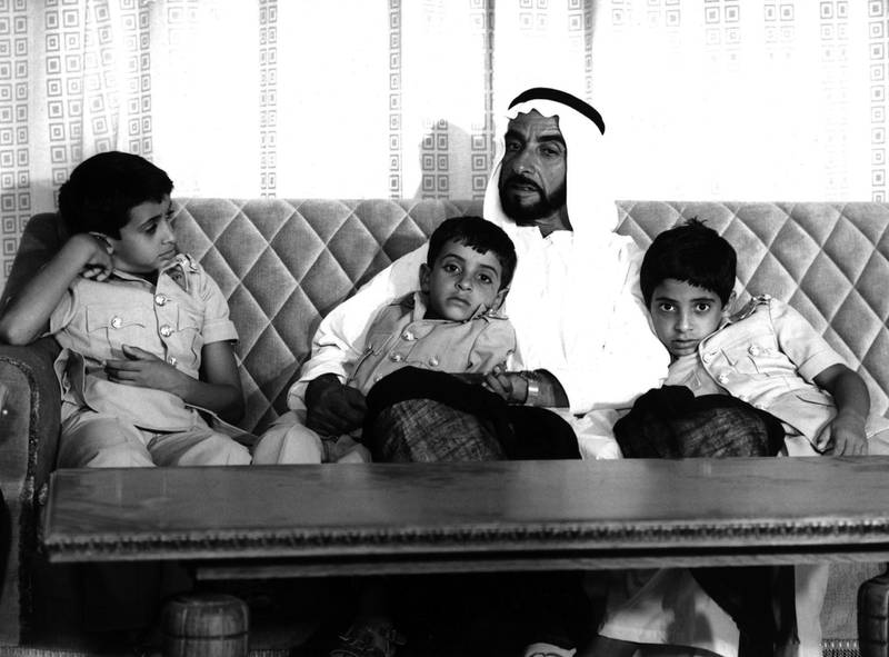 Sheikh Zayed with three of his sons, Sheikh Mohamed, Sheikh Hamdan and Sheikh Hazza. Photo: National Archives