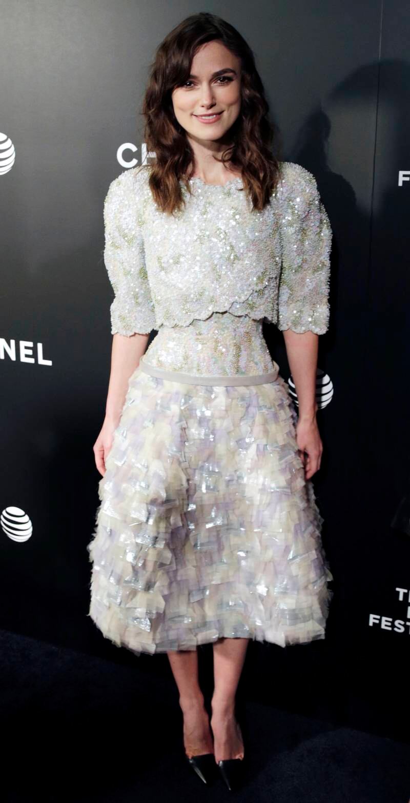 Keira Knightley, in Chanel, arrives at the premiere of 'Begin Again' at the Tribeca Film Festival in New York, US, on April 26, 2014.