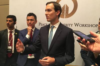 Jared Kushner, President Donald Trump's son-in-law and adviser, speaks to reporters as he closes the US-sponsored Middle East economic conference "Peace to Prosperity Workshop" in the Bahraini capital Manama on June 26, 2019.  Economic leaders convened by the United States in Bahrain voiced optimism for major economic growth in the Palestinian territories, whose leaders boycotted the workshop as a bid to impose terms of peace. / AFP / SHAUN TANDON
