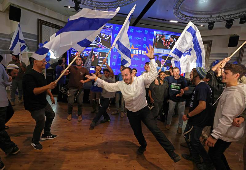 Otzma Yehudit party members in upbeat mood. AFP